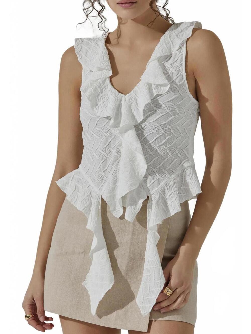 ASTR Ruffle Trim Sleeveless Top Medium WHITE